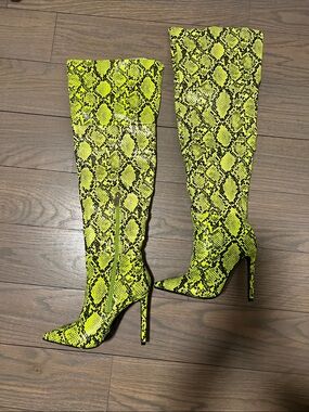 Neon Yellow Snake-Print Over-the-Knee Stiletto Boots